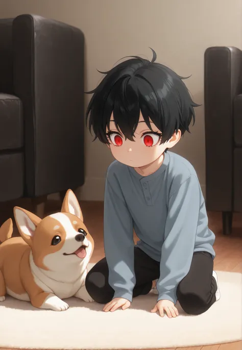 masterpiece, best quality, newest, safe, good anatomy, good resolution, Good Lighting. beautiful, anime, , adorable. child, short and colored hair . DEEP RED EYES . black eyelashes, piel clara. He's 7 Years. Alone, looking at the spectator, bottom: livin...