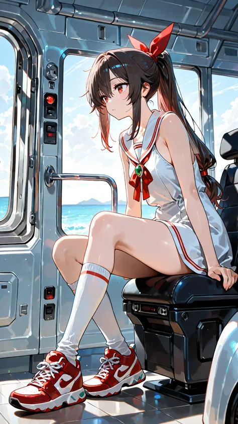 (masterpiece, Highest Quality:1.2), one girl, ((Long Hair))ponytail tied with a red ribbon, ((Knee Socks)), Exposed Shoulders, ((gem)), (( no sleeve )), white sailor dress,red sneakers,I'm watching a white hovercraft moving over the sea on a hill