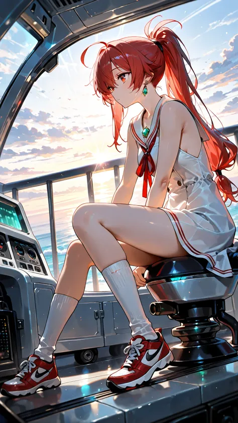 (masterpiece, Highest Quality:1.2), one girl, ((Long Hair))ponytail tied with a red ribbon, ((Knee Socks)), Exposed Shoulders, ((gem)), (( no sleeve )), white sailor dress,red sneakers,I'm watching a white hovercraft moving over the sea on a hill