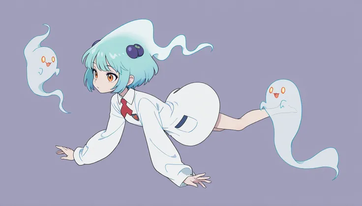 Anime Masterpiece、Highest Quality、super high resolution、clean line、Cell painting +soft gradation、Neon Tone。 Tight framing。One cute ghost girl in a white uniform is floating。multiple small glitch rectangles along the outline of the body。orange eyes、Bad loo...