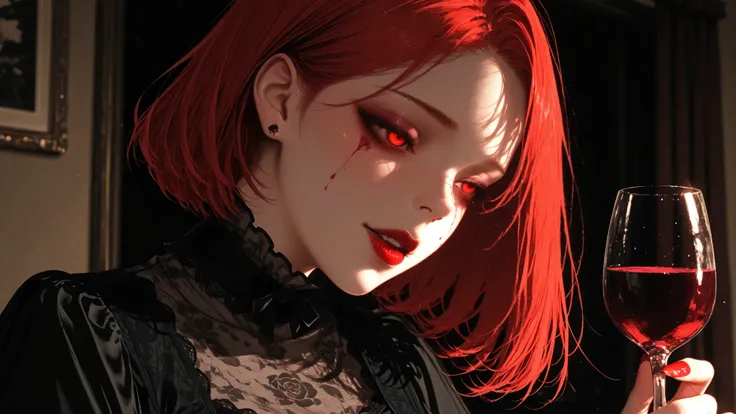 Wine Night,1girl、bright red wine glass、horror、grotesque