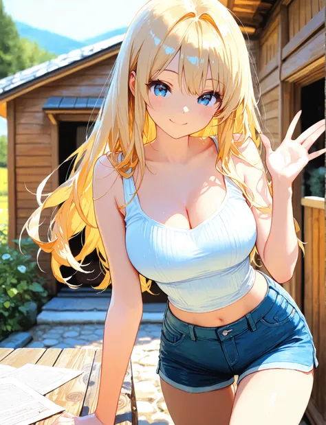 1girl, Nyann, long hair, blue eyes, blond hair, perfect detailed 5fingers ,smile face,sleeveless shirt,short pants, cleavage,midriff,depth of field, fake traditional media, Picturesque,Impressionism, masterpiece, high score, Great score , very high resolu...