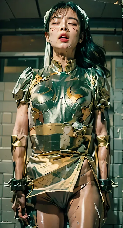 Lost in a battle with a strong enemy, Loose, it's limp, unconscious, KO, ryona, damaged, injury, torn costume, expression of agony, closed eyes, hyper real, photo real, masterpiece, pelvic curtainが捲れてレオタードが見えている, 8K, high image quality