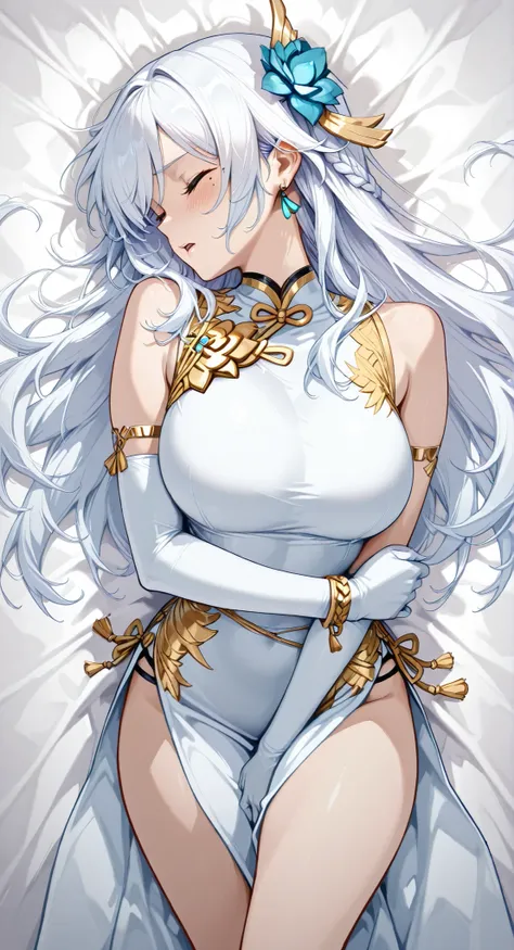 Armlet on left arm,Handmade bracelet,sleeveless china ,anime girl,long white hair,and a flower in her hair,Anime Goddess,with long white hair bundled in a bundle at the back, Haise Jinyao,Genshin Character,Keking, Full Body Senxia ,Pictures of Women with ...