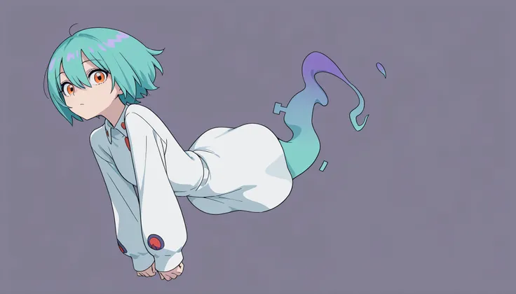 Anime Masterpiece、Highest Quality、super high resolution、clean line、Cell painting +soft gradation、Neon Tone。 Tight framing。One cute ghost girl in a white uniform is floating。multiple small glitch rectangles along the outline of the body。orange eyes、Bad loo...