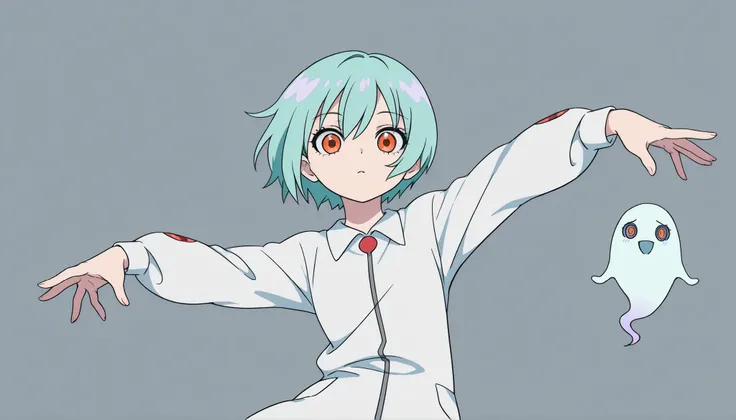 Anime Masterpiece、Highest Quality、super high resolution、clean line、Cell painting +soft gradation、Neon Tone。 Tight framing。One cute ghost girl in a white uniform is floating。multiple small glitch rectangles along the outline of the body。orange eyes、Bad loo...