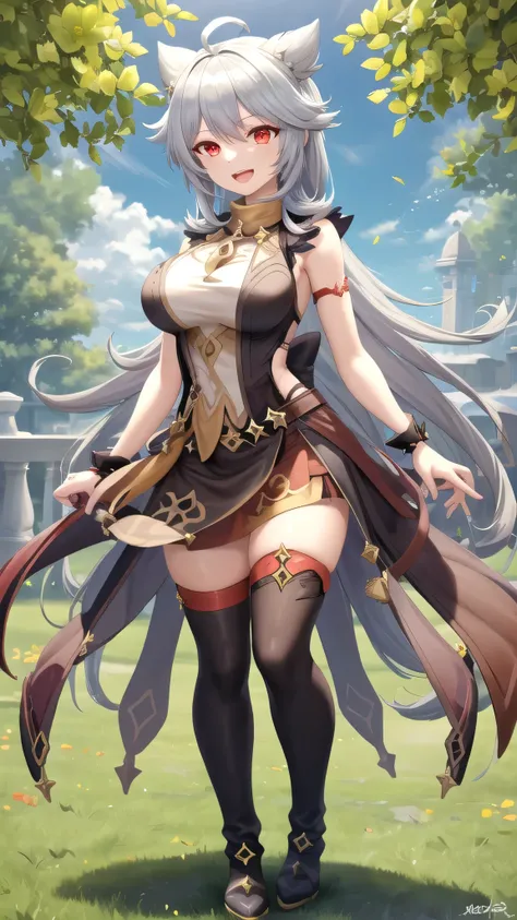 masterpiece, best quality, high quality, girl, solo, looking at viewer, Razor Genshin Impact, Grey hair, Red Eyes, large breasts, sleeveless idol dress, very puffy skirt, flared skirt, thigh highs, heeled boots, standing, smile, open mouth, outdoors