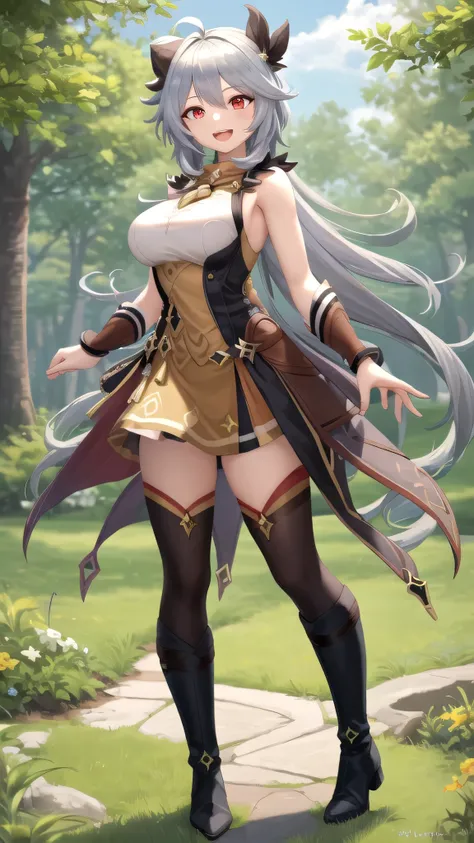 masterpiece, best quality, high quality, girl, solo, looking at viewer, Razor Genshin Impact, Grey hair, Red Eyes, large breasts, sleeveless idol dress, very puffy skirt, flared skirt, thigh highs, heeled boots, standing, smile, open mouth, outdoors