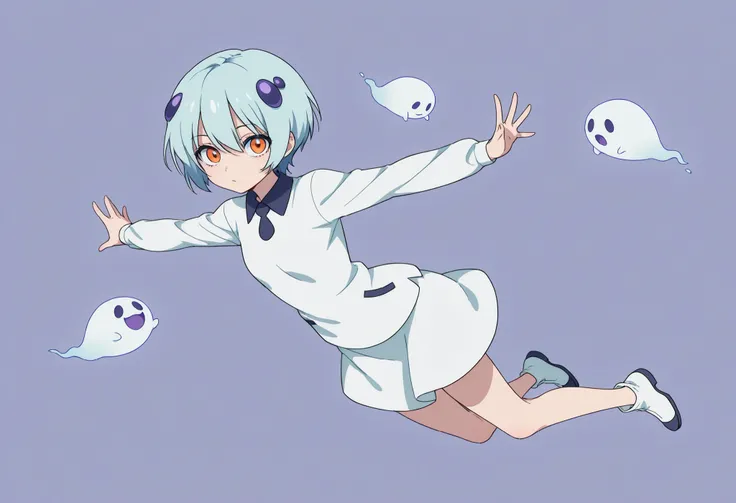 Anime Masterpiece、Highest Quality、super high resolution、clean line、Cell painting +soft gradation、Neon Tone。 Tight framing。One cute ghost girl in a white uniform is floating。multiple small glitch rectangles along the outline of the body。orange eyes、Bad loo...