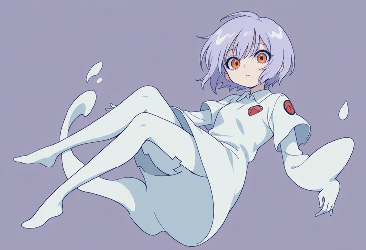 Anime Masterpiece、Highest Quality、super high resolution、clean line、Cell painting +soft gradation、Neon Tone。 Tight framing。One cute ghost girl in a white uniform is floating。multiple small glitch rectangles along the outline of the body。orange eyes、Bad loo...