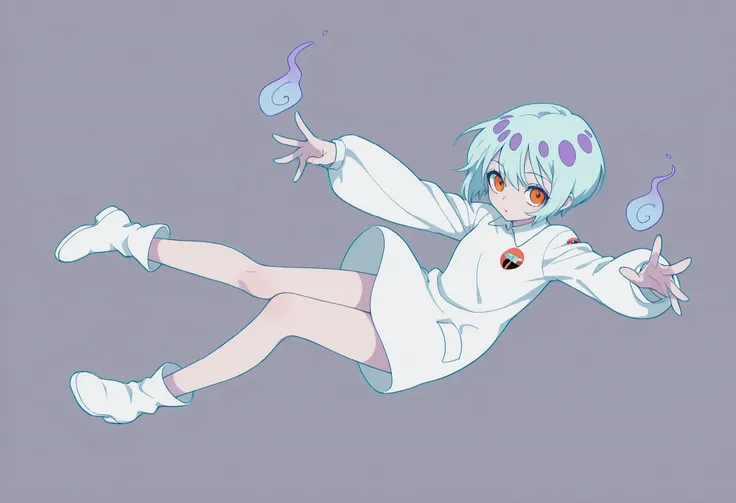 Anime Masterpiece、Highest Quality、super high resolution、clean line、Cell painting +soft gradation、Neon Tone。 Tight framing。One cute ghost girl in a white uniform is floating。multiple small glitch rectangles along the outline of the body。orange eyes、Bad loo...