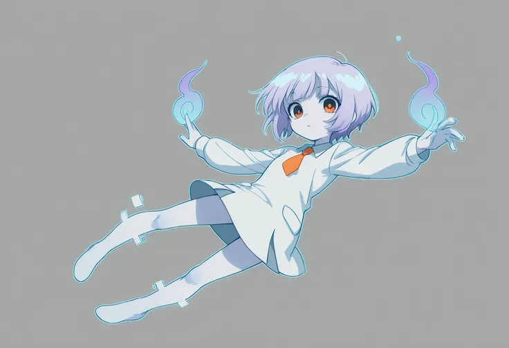 Anime Masterpiece、Highest Quality、super high resolution、clean line、Cell painting +soft gradation、Neon Tone。 Tight framing。One cute ghost girl in a white uniform is floating。multiple small glitch rectangles along the outline of the body。orange eyes、Bad loo...