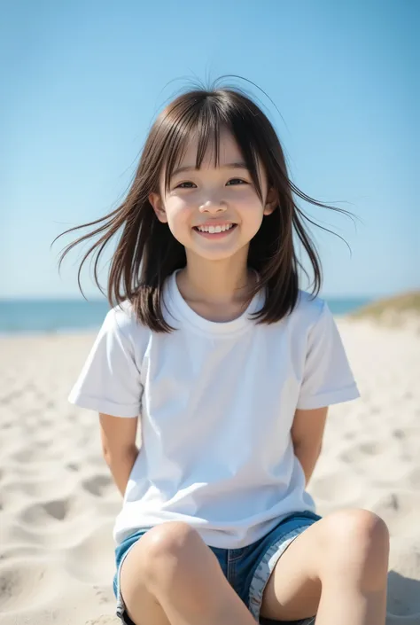 highest quality, masterpiece, 8k, highest resolution, very cute japanese girl, cutest girl in japan, very young, elementary school student, 8 years old, white t-shirt, very long hair, strong wind blows long hair, full body, sandy beach, laughing, she narro...