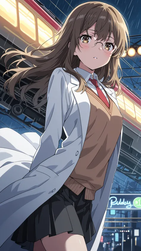 BREAK (masterpiece:1.2), best quality, high resolution, unity 8k wallpaper, (illustration:0.8), (beautiful detailed eyes:1.6),Empty neon-lit street in Tokyo,
puddles reflecting colorful signs,
soft rain falling, steam rising from vents,
distant train...