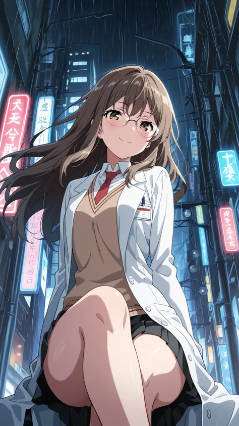 BREAK (masterpiece:1.2), best quality, high resolution, unity 8k wallpaper, (illustration:0.8), (beautiful detailed eyes:1.6),Empty neon-lit street in Tokyo,
puddles reflecting colorful signs,
soft rain falling, steam rising from vents,
distant train...