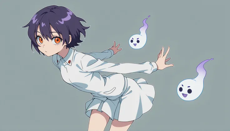 Anime Masterpiece、Highest Quality、super high resolution、clean line、Cell painting +soft gradation、Neon Tone。 Dynamic Framing。One cute ghost girl in a white uniform is floating。multiple small glitch rectangles along the outline of the body。orange eyes、Bad lo...