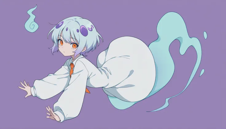 Anime Masterpiece、Highest Quality、super high resolution、clean line、Cell painting +soft gradation、Neon Tone。 Dynamic Framing。One cute ghost girl in a white uniform is floating。multiple small glitch rectangles along the outline of the body。orange eyes、Bad lo...