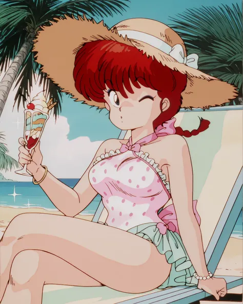 Ranma Saotome (weiblich), red hair in a thick braided ponytail, bright red hair with bangs, cel-shaded look, Helle Beleuchtung, Zeilen scannen, lilac eyeliner, {{{big chest}}}, {{{very big chest}}}, alone,  sun hat, straw hat, dot patern ,
retro pin-up sty...