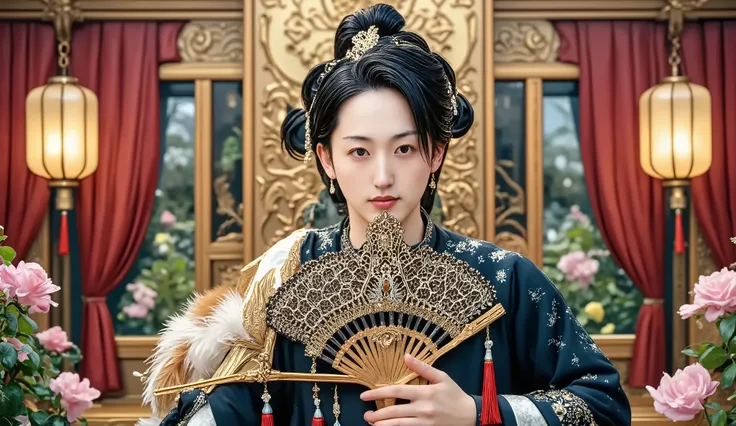 handsome man, luxurious outfit, inside a mansion, ornate headpiece, ultra high resolution, serious expression