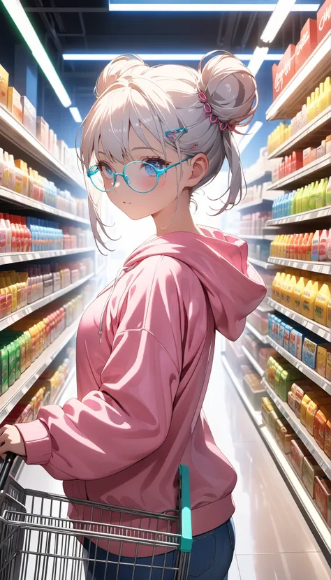 High quality, high detail, upper body, close-up scene, professional photography, young anime girl pushing a shiny metal shopping cart, blue eyes, white hair, double bun hair, elegant clip, trendy round glasses that reflect neon lights, wearing a loose pink...