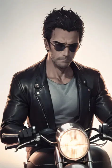 Los Angeles suburbs,Please draw a man in a black leather jacket riding a Harley Davidson,dark haired，sunglasses,boots，gray shirt,I have a shotgun， Sunny，Face without damage,depicts a more delicate expression,dark background，,An even more dignified expressi...