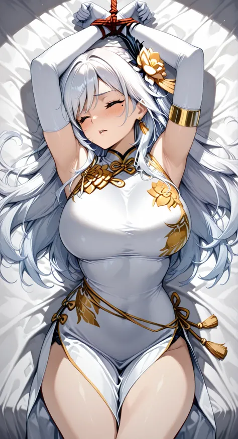 Armlet on left arm,Handmade bracelet,sleeveless china ,anime girl,long white hair,and a flower in her hair,Anime Goddess,with long white hair bundled in a bundle at the back, Haise Jinyao,Genshin Character,Keking, Full Body Senxia ,Pictures of Women with ...