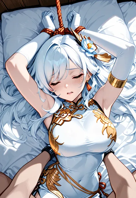 Armlet on left arm,Handmade bracelet,sleeveless china ,anime girl,long white hair,and a flower in her hair,Anime Goddess,with long white hair bundled in a bundle at the back, Haise Jinyao,Genshin Character,Keking, Full Body Senxia ,Pictures of Women with ...