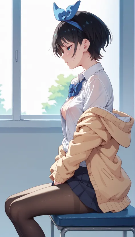 ruka sarashina, black hair, loose open shirts, black pantyhose, no under wear,half closed eyes, looking to the side, very embarrassing, in the school, female masturbation, sitting, from side,