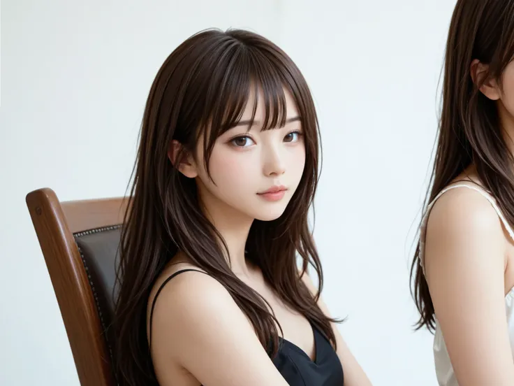 close-up of a woman leaning against the back of a chair and crossing her arms, princess cut, Long Hair, Medium-length hair, brown Long hair with bangs, Long hair with bangs, Nam Jae-yeon, Long Hair長い髪 , flowing brown hair, wavy shoulder-length hair, Urza...