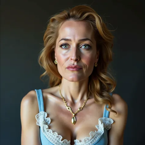 A woman 55 years old, a A hyper-realistic photo of Gillian Anderson, featuring a beautifully detailed face with captivating eyes and a serene expression, The image showcases her natural beauty, focusing on her flawless skin and delicate features, The light...