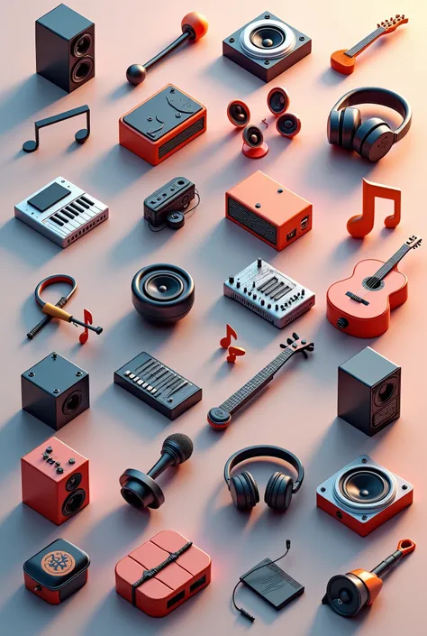 detailed 3D icon pack, music theme, detailed icons, musical instruments, speakers, headphones, microphones, audio mixer, musical notes, dynamic composition, 4K, photorealistic, professional rendering, studio lighting, ultra-fine details, vibrant colors, wa...