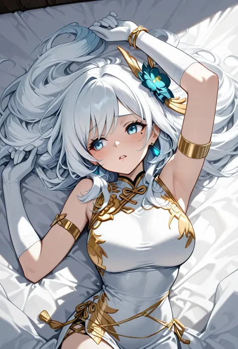 Armlet on left arm,Handmade bracelet,sleeveless china ,anime girl,long white hair,and a flower in her hair,Anime Goddess,with long white hair bundled in a bundle at the back, Haise Jinyao,Genshin Character,Keking, Full Body Senxia ,Pictures of Women with ...