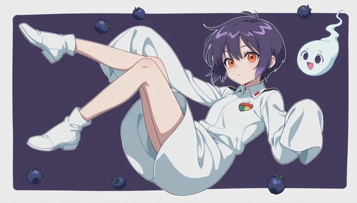 Anime Masterpiece、Highest Quality、super high resolution、clean line、Cell painting +soft gradation、Neon Tone。 Dynamic Framing。One cute ghost girl in a white uniform is floating。multiple small glitch rectangles along the outline of the body。orange eyes、Bad lo...