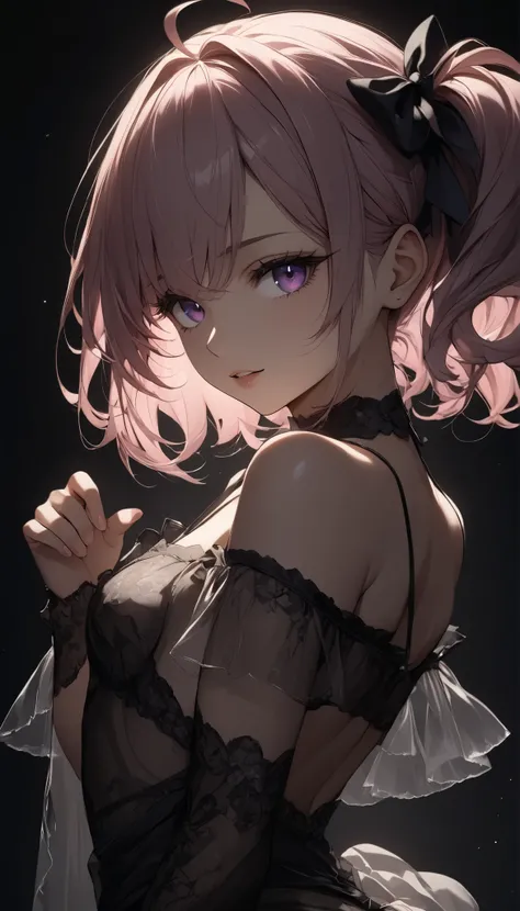 Highly detailed, she is beautiful, (crossed thumbs and index fingers resemble a heart), cute anime-style girl, (front teeth, back, off-the-shoulder, small breasts), see-through clothing, navel, (detailed dark purple eyes)), highly detailed face, (light pin...