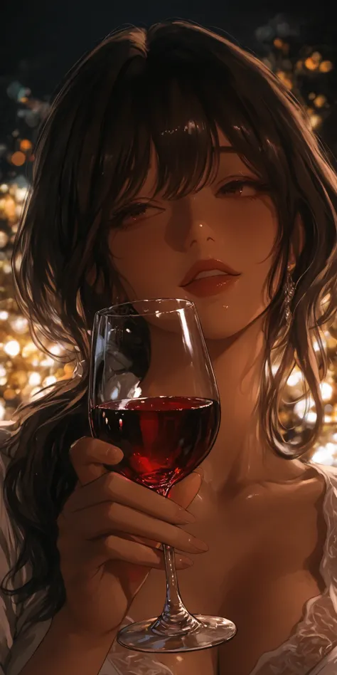 A wine glass reflecting the night,drinking wine,Elegant and attractive woman,Fine Gloss,precise details,realistic skin,Refined Style,bokeh,High Quality,4K resolution,photographic realism,Professional,extreme detail,Natural Hues,Dark Atmosphere,Graceful Pos...