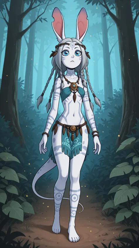 A stunning alien woman. She has luminous pure white skin with a soft bioluminescent glow along her cheekbones and collarbones, long flowing silver hair with many braids, bunny ears, spots patterns on body and large opalescent blue eyes with vertical pupils...