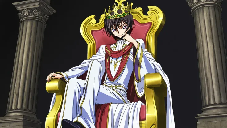Lelouch (Code Geass), solo, short hair, black hair, purple eyes, anime style drawing, confident face, slight smirk, full, full-length, beautiful royal white outfit, a golden crown on his head, and expensive black shoes on his feet. He sits on a golden thro...