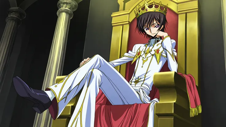 Lelouch (Code Geass), solo, short hair, black hair, purple eyes, anime style drawing, confident face, slight smirk, full, full-length, beautiful royal white outfit, a golden crown on his head, and expensive black shoes on his feet. He sits on a golden thro...