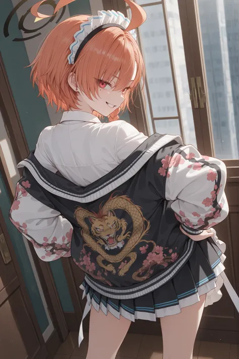 masterpiece,perfect ,high resolution, ultra-detailed,beautiful detailed eyes,dutch angle,absurdres,1girl, halo, mole under eye, red eyes, orange hair, single braid, ahoge, short hair, huge ahoge, asymmetrical bangs,
headdress, jacket,(sukajan, print jacket...