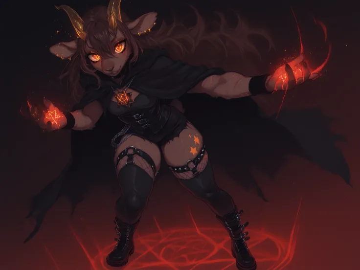 thick, glowing colors, full body, red luminescent glowing colors, dark background, furry, fur on body, eye_focus, cloak , really thick thighs, medium chest , scars on forearms, star tattoos, furry, ExpressAmetur, dark-skinned female character; very long me...