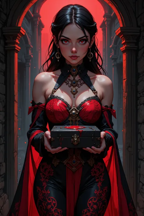 midjourney ,zavy-ctcmcs,hyp3rd3tail style,Niji Stan Katayama Style,a portrait of  a female vampire courier, carrying a dark and bloody box, extremely beautiful, dark hair, long hair, pulled back hair, red eyes, jewelry, chocker, wearing intricate red and b...