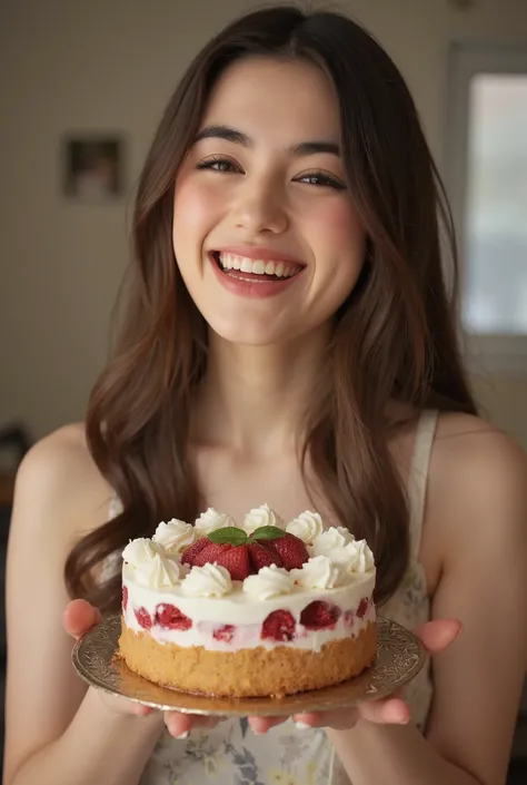 beautiful girl,holding a delicious cake in hand,smiling,graceful expression,wearing a fashionable dress,High Key Lighting,Dreamy atmosphere,precise description,8K rendering,realistic skin,Painting-like texture,Natural Light,understated colors,deep depth of...