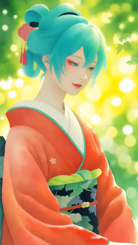 J_paint,hatsune miku, High Quality,Women's Japanese Paintings,facial detail,Graceful Posture,calm expressions,Delicate skin,Smooth Hair,Graceful Outfit ,natural background,soft lighting,traditional Japanese painting,watercolor,4K resolution,super definitio...