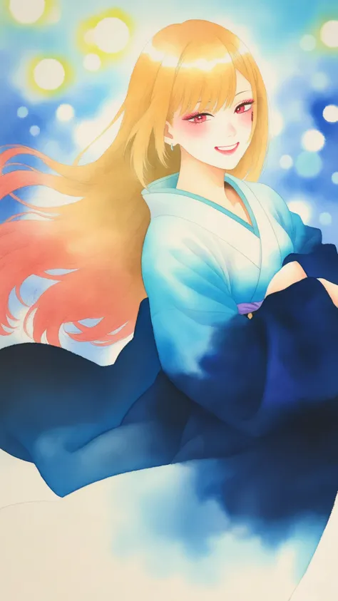 J_paint, kitagawa marin, are bisque Doll wa koi wo suru, High Quality,Women's Japanese Paintings,facial detail,Graceful Posture,calm expressions,Delicate skin,Smooth Hair,Graceful Outfit ,natural background,soft lighting,traditional Japanese painting,water...