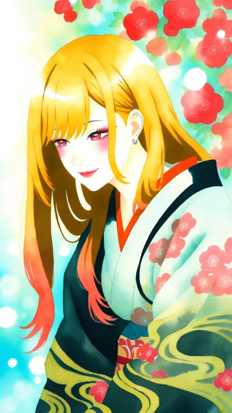 J_paint, kitagawa marin, are bisque Doll wa koi wo suru, High Quality,Women's Japanese Paintings,facial detail,Graceful Posture,calm expressions,Delicate skin,Smooth Hair,Graceful Outfit ,natural background,soft lighting,traditional Japanese painting,water...