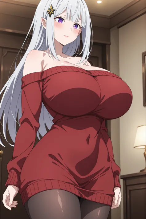 newest , masterpiece , anime screencap , anime coloring , adult ReZero, Solo, long dress, Satella, Anime, 1girl, Mature Female, pointy ears, hair ornament, blush, silver hair, long hair, closed mouth, light smile, lips, purple eyes, huge breasts, big butt,...