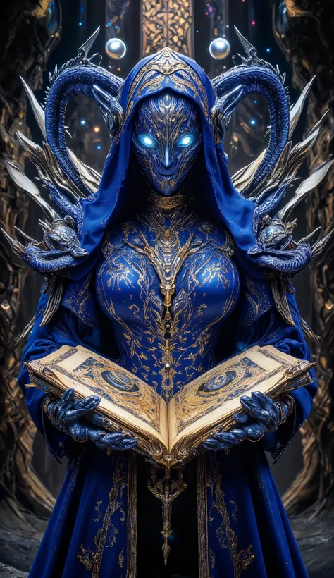 Surreal Painting,  An extravagant, mysterious female figure dressed in intricately embroidered cobalt blue medieval clothing that fits her form perfectly , A jeweled rosary necklace with a large crucifix rests on her shoulder,Allusions to a historical or r...