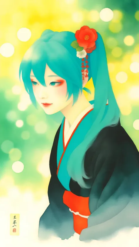 J_paint,hatsune miku, High Quality,Women's Japanese Paintings,facial detail,Graceful Posture,calm expressions,Delicate skin,Smooth Hair,Graceful Outfit ,natural background,soft lighting,traditional Japanese painting,watercolor,4K resolution,super definitio...
