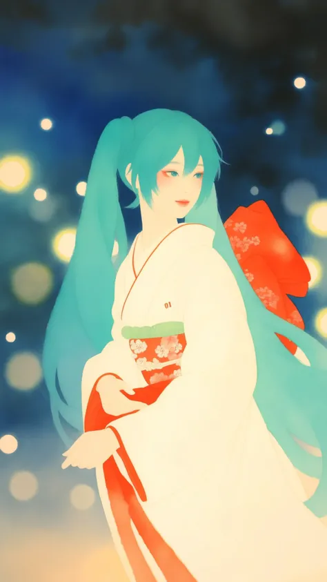 J_paint,hatsune miku, High Quality,Women's Japanese Paintings,facial detail,Graceful Posture,calm expressions,Delicate skin,Smooth Hair,Graceful Outfit ,natural background,soft lighting,traditional Japanese painting,watercolor,4K resolution,super definitio...