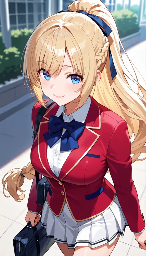 masterpiece, best quality, highres, ponytail hair, (single braid:1.2), hair ribbon,glossy lips,smile, red blazer,buttoned blazer, blue bowtie, long sleeves, white skirt, walking in school outdoor,form above,